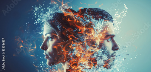 Double exposure portrait profile of couple, woman and man with fire and water element