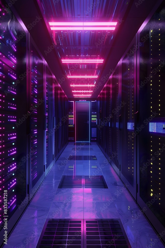 futuristic server room with purple and blue neon lights futuristic server room with purple and blue neon lights