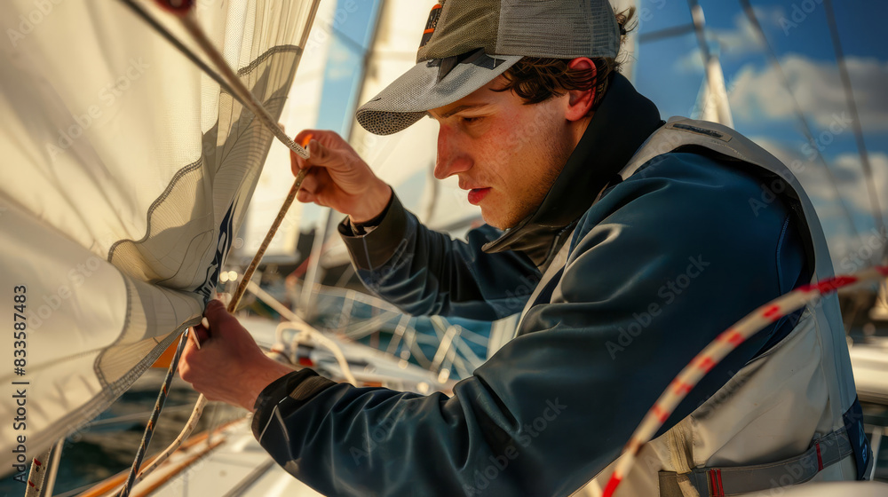 Athlete adjusting sails with precision, concept of control and strategy, focus on, regatta course, dynamic, Composite, sailboat backdrop Athlete adjusting sails with precision, concept of control and strategy, focus on, regatta course, dynamic, Composite, sailboat backdrop