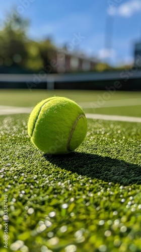 Close-up of a tennis ball on a grass court. High resolution photography. © Absent Satu