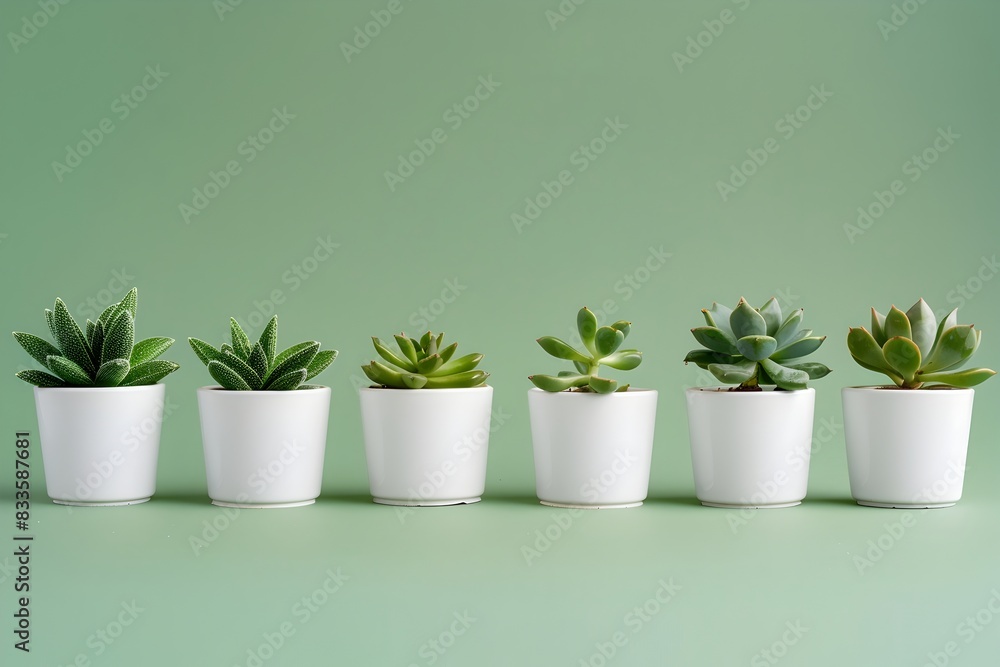A row of white pots with succulents against a green background in a simple minimalistic style in a flat lay photographed with high resolution photography
A row of white pots with succulents against a green background in a simple minimalistic style in a flat lay photographed with high resolution photography