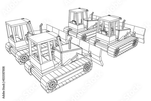 Big front-end loader bulldozer. Heavy equipment machine and manufacturing equipment for mining. Wireframe low poly mesh vector illustration.