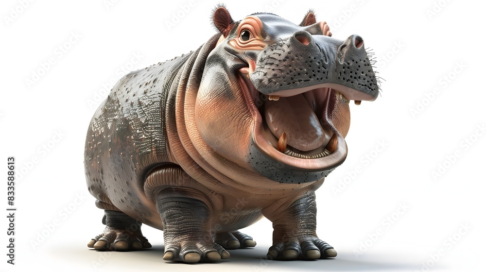 Fototapeta premium Chubby Baby Hippo With Wide Smile Isolated on White Background