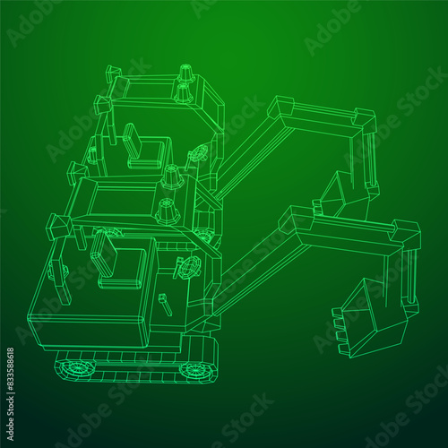 Heavy equipment excavator machine manufacturing power equipment for open pit mining. Wireframe low poly mesh vector illustration
