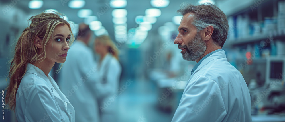 Scientists in White Lab Coats Gazing at Each Other Scientists in White Lab Coats Gazing at Each Other