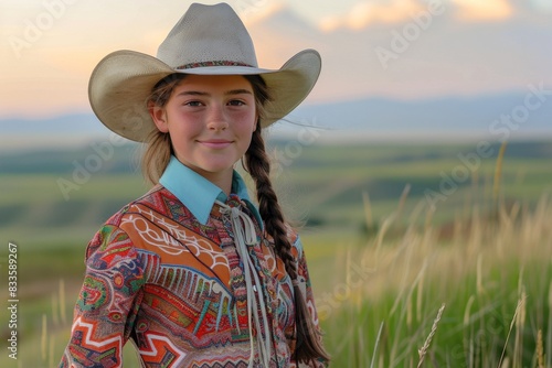 A young girl wearing a cowboy hat and a colorful shirt is standing in a field