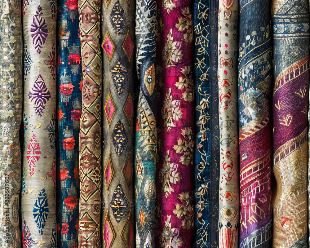 Seamless image of various patterned silk fabrics. Seamless image of various patterned silk fabrics.