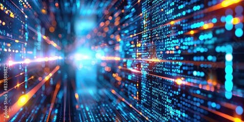 Digital background perfect for tech processes, neural networks, artificial intelligence, data transfer and encryption, digital archives, sound and graphic presentations, science, education, etc