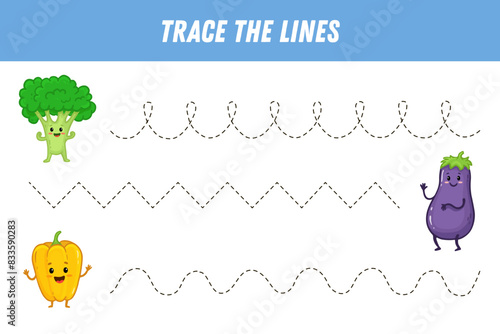 Tracing lines for kids. Cute cartoon vegetables. Pepper, avocado, eggplant. Handwriting practice. Educational game for preschool kids. Activity page. Vector
