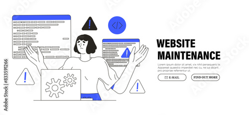 Woman experience technical problems with laptop, computer. Concept operating system, server or website error. Female character has problems with website, business account, software or program crash.