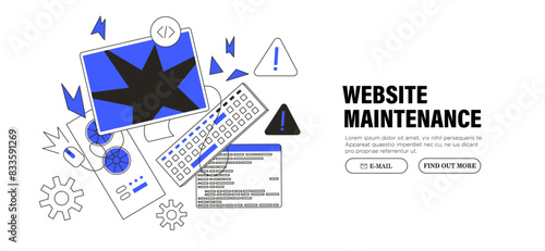 Technical problems with laptop, computer service support repair. Operating system, server or website error concept. Problems with website, business account, software or program or code crash.