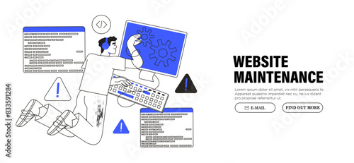 System Update or maintenance. Programmer upgrading operating system or fixing program bug or mistake. IT specialists updating software, programs and applications. Technical error and service support.