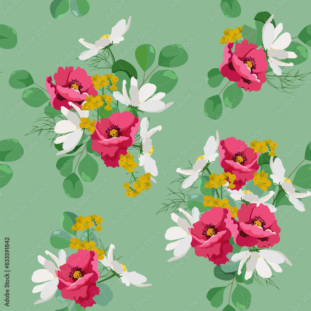 Obraz premium Poppies and eucalyptus on a green background.