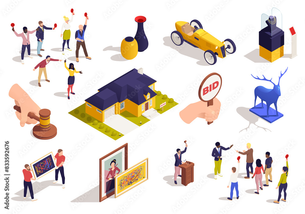 Fototapeta premium Auction house elements in isometric view