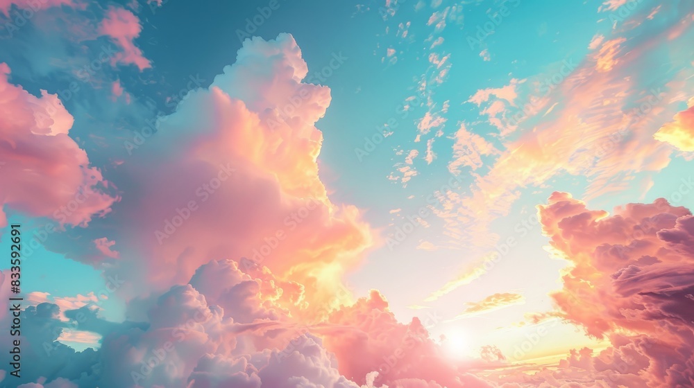super wide dramatic sky with multiple layer of clouds orange blue pink color scheme, day source in the center, cinematic, hyper realastic, high dynamic range image super wide dramatic sky with multiple layer of clouds orange blue pink color scheme, day source in the center, cinematic, hyper realastic, high dynamic range image