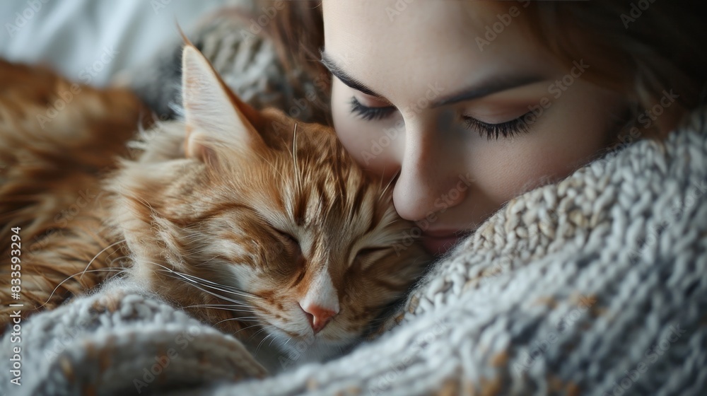 Create an endearing image of a lovely pet cuddled up with its owner Create an endearing image of a lovely pet cuddled up with its owner