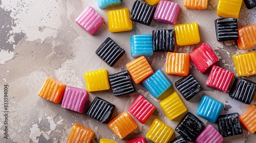 Background with different tasty colorful licorice candies, top view. photo