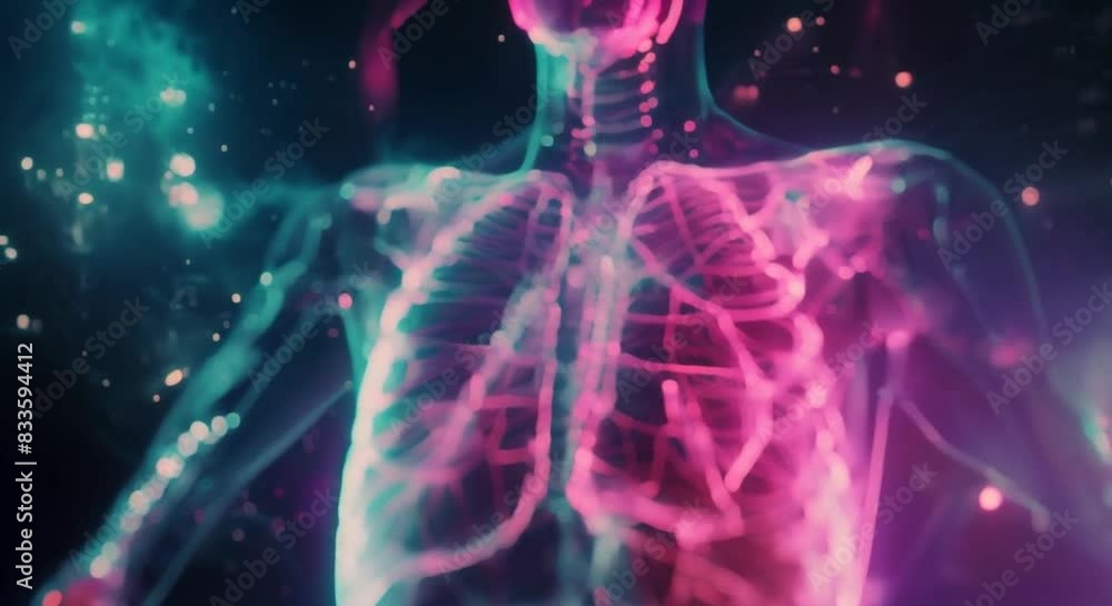 A chest Xray visualization in a cyberpunk style, showing a healthy males lung, heart, spine, and clavicle, enhanced with vibrant, hightech digital effects for a dystopian aesthetic A chest Xray visualization in a cyberpunk style, showing a healthy males lung, heart, spine, and clavicle, enhanced with vibrant, hightech digital effects for a dystopian aesthetic