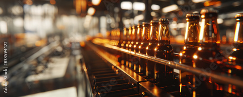 beer bottles on a conveyor belt in a production line at a food and beverage factory. With copy space.