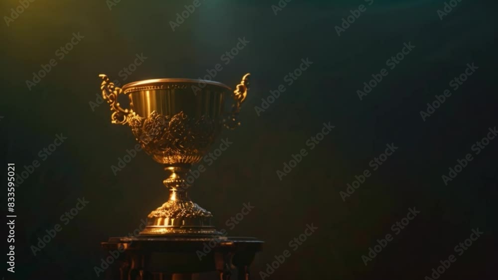 A golden trophy stands proudly on a table in a dark room, symbolizing sport victory. A golden trophy stands proudly on a table in a dark room, symbolizing sport victory.