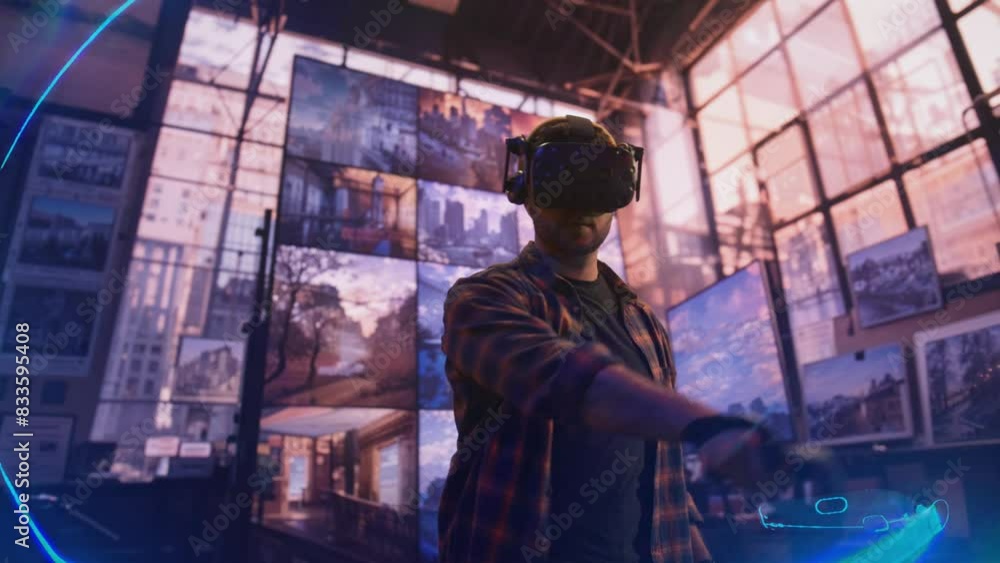 Man in casual attire experiencing virtual reality with VR headset innovative fun Man in casual attire experiencing virtual reality with VR headset innovative fun