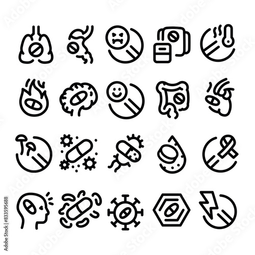 Drug categories line black icons set. Vector isolated buttons.
