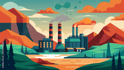 The smelting plants ominous appearance with its large smokestacks and industrial buildings was a stark contrast to the natural beauty of the. Vector illustration