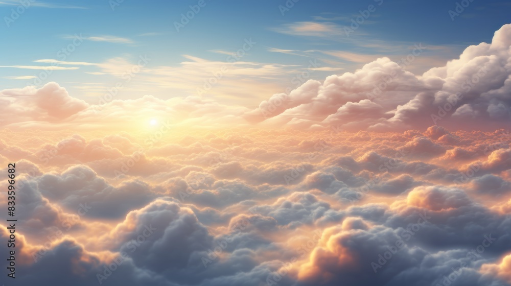 Capture the tranquility of a serene sunset over a vast expanse of clouds, with the sun's gentle light casting long shadows and creating an ethereal atmosphere. Capture the tranquility of a serene sunset over a vast expanse of clouds, with the sun's gentle light casting long shadows and creating an ethereal atmosphere.