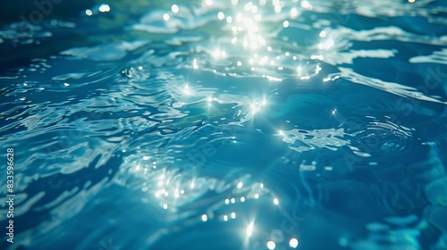 Blue water surface reflecting bright sunlight. Water in swimming pool.