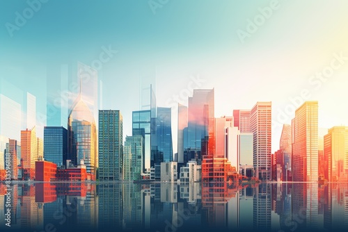 City skyline buildings in contemporary color style and futuristic effects.