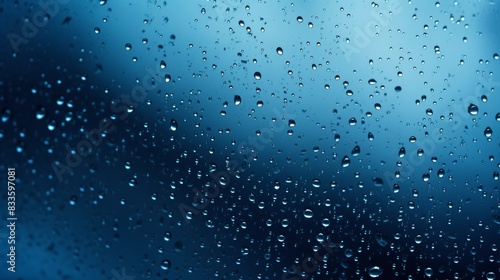 Close-up of rain droplets on a darkly blue background 