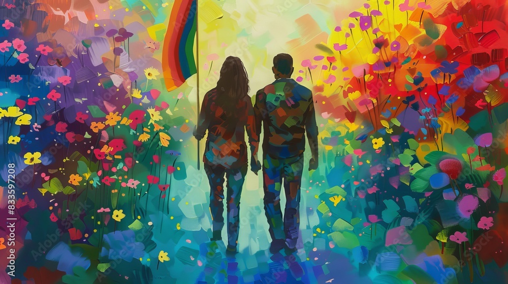 Back view of a couple walking hand in hand in a bustling city street, holding small rainbow flags, shops and cafes lining the street, urban vibe, lively atmosphere, clear sky Back view of a couple walking hand in hand in a bustling city street, holding small rainbow flags, shops and cafes lining the street, urban vibe, lively atmosphere, clear sky