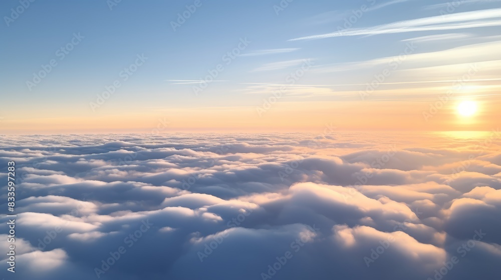 Naklejka premium Dense fog over the ocean, beautiful clouds at sunrise The sun is rising over the sea of clouds.