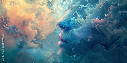 Craft a surreal scene exploring the depths of the subconscious mind with fluid shapes and distorted perspectives Incorporate unexpected camera angles to enhance the viewers emotion photo