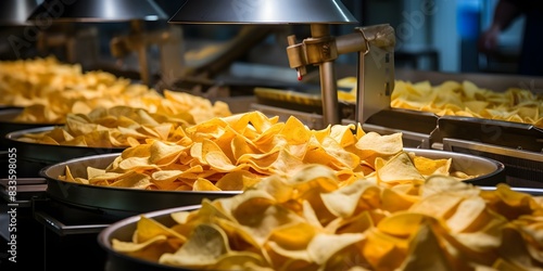 Manufacturing Process of Chips in a Factory. Concept Potato Harvesting, Washing and Peeling, Slicing and Blanching, Frying and Seasoning, Packaging and Distribution photo