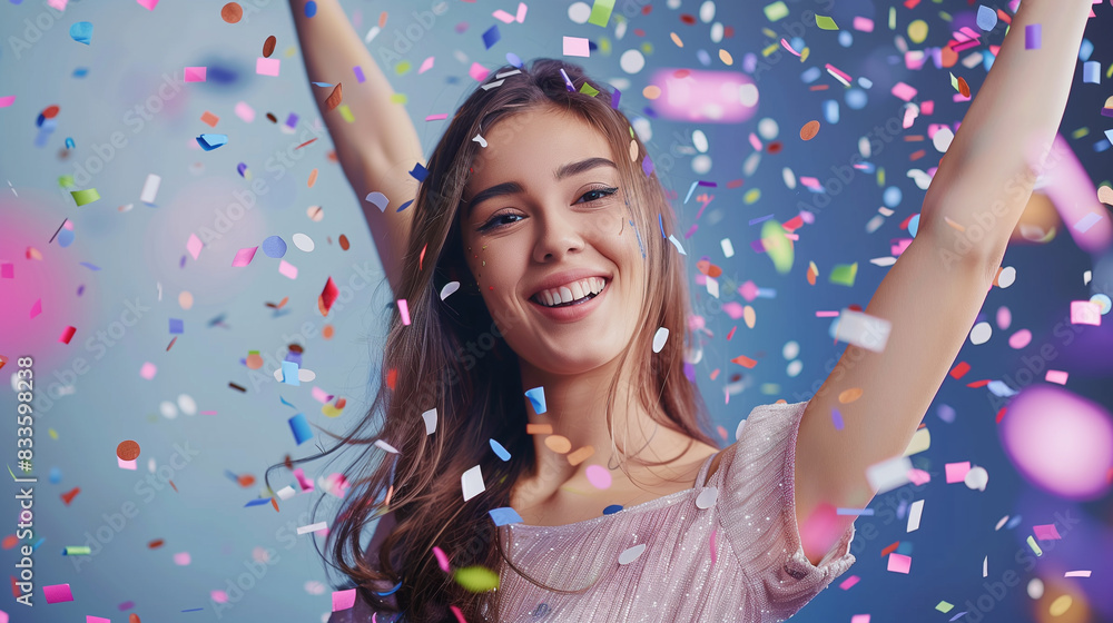 Beautiful happy woman at celebration party with confetti falling everywhere on her. Birthday or New Year eve celebrating concept. Beautiful happy woman at celebration party with confetti falling everywhere on her. Birthday or New Year eve celebrating concept.