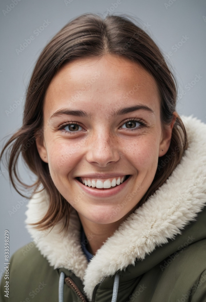 portrait view of a regular happy smiling Antarctic girl , ultra realistic, candid, social media, avatar image, plain solid background portrait view of a regular happy smiling Antarctic girl , ultra realistic, candid, social media, avatar image, plain solid background