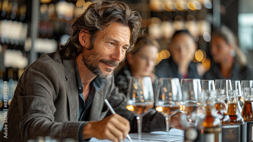 man with wavy hair and beard, dressed in an elegant suit, is sitting at a table for wine tasting surrounded by his students writing notes on their notepads. man with wavy hair and beard, dressed in an elegant suit, is sitting at a table for wine tasting surrounded by his students writing notes on their notepads.