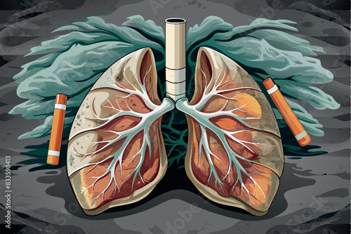The lungs of a person with a cigarette inserted in the right lung, as well as two cigarettes lying under the lungs. clearly demonstrates the harm of smoking to lung health.