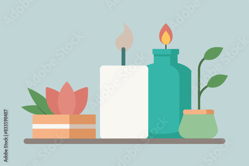 a collection of candles and objects related to spa treatments.  Green leaves can be seen in the background, adding to the tranquil atmosphere suggested by the scene.