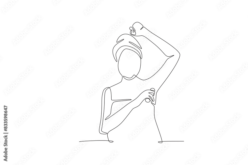 Woman applying deodorant after morning shower. Getting ready in the morning concept one-line drawing Woman applying deodorant after morning shower. Getting ready in the morning concept one-line drawing