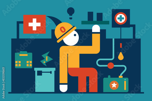 Workplace injury concept. a worker injured a body part during the work process. Atmosphere of danger and ambulance in case of injury