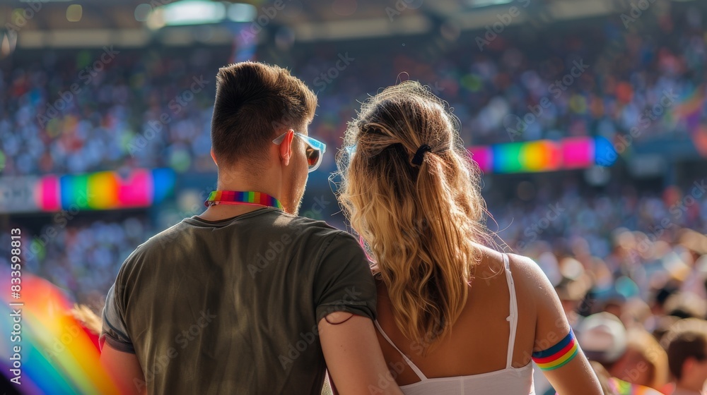 Couple in a sports stadium walking hand in hand at a sports event, seen from behind, both wearing rainbowcolored wristbands, lively crowd, vibrant atmosphere