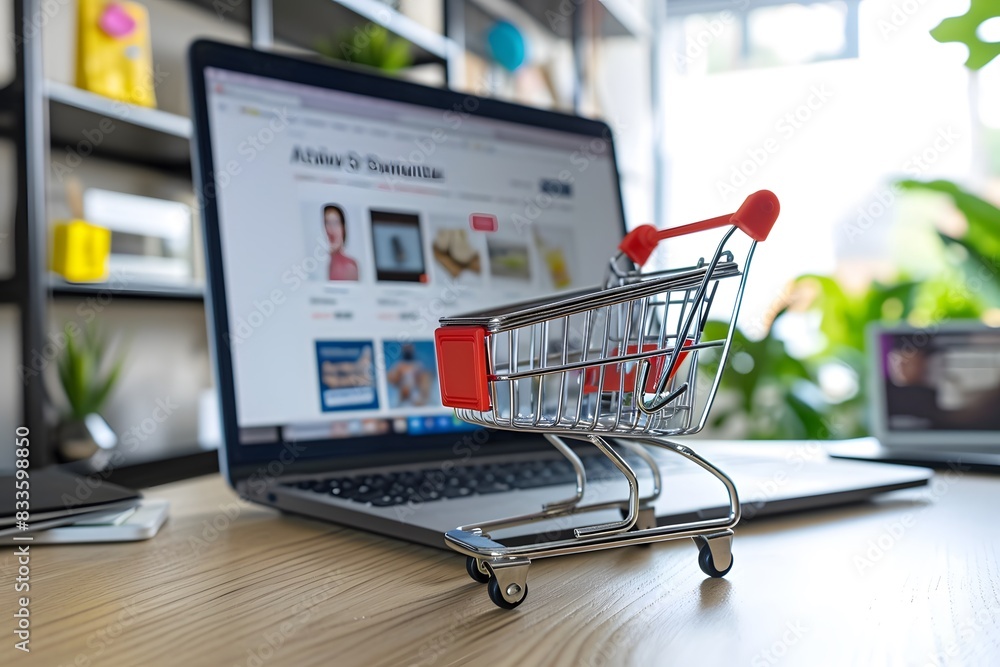 Mini shopping cart on desk with laptop displaying an online shopping site, bright room background Mini shopping cart on desk with laptop displaying an online shopping site, bright room background