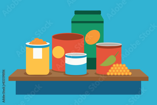 A shelf in a grocery store on which various goods are located. These include canned goods, boxes and bottles with various labels and designs. This reflects the abundance and variety, in supermarkets