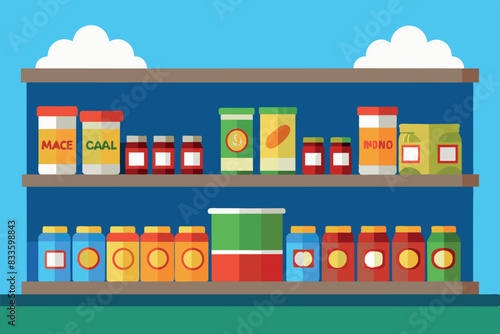 A shelf in a grocery store on which various goods are located. These include canned goods, boxes and bottles with various labels and designs. This reflects the abundance and variety, in supermarkets
