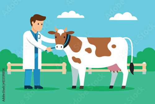 A veterinarian in a white coat and hat standing next to a cow on an open-air farm. He holds a stethoscope to the cow's chest, checking its health.