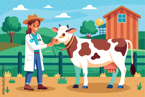 A veterinarian in a white coat and hat standing next to a cow on an open-air farm. He holds a stethoscope to the cow's chest, checking its health.