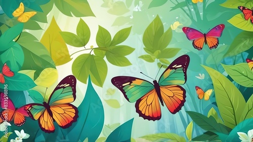 Butterfly s with beautiful colored wings in the green forest Vector illustration