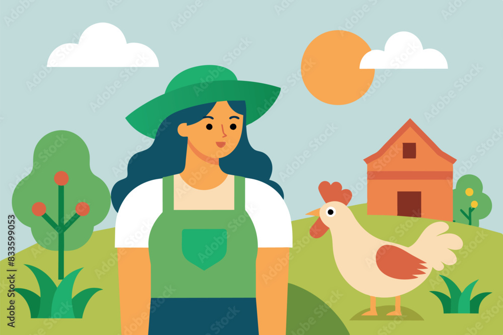 Obraz premium A farmer holding a chicken. The scene takes place on a street surrounded by trees, with a house in the background and the sun in the sky. the theme is farming, bird care or rural life.